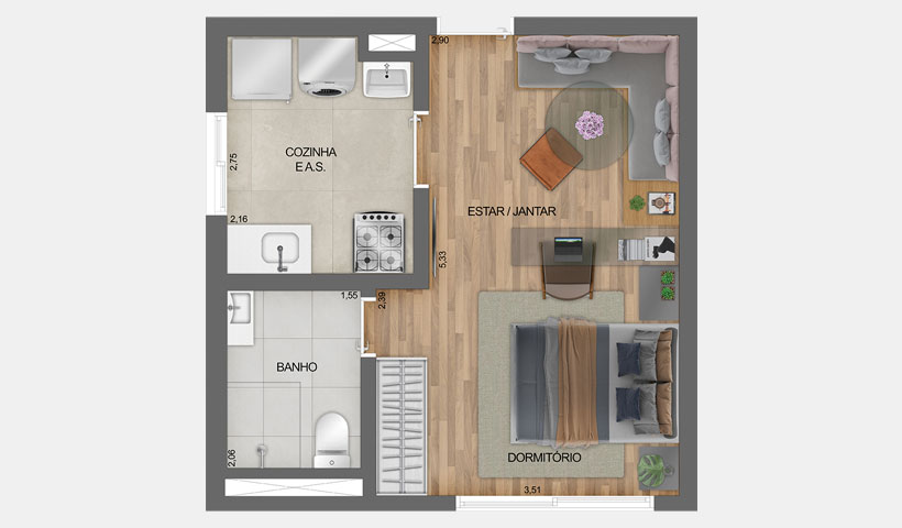 Fit Casa Estação Oratório - Planta Studio de 32 m²