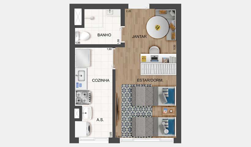 Fit Casa Rio Bonito – Planta do Studio de 27 m²