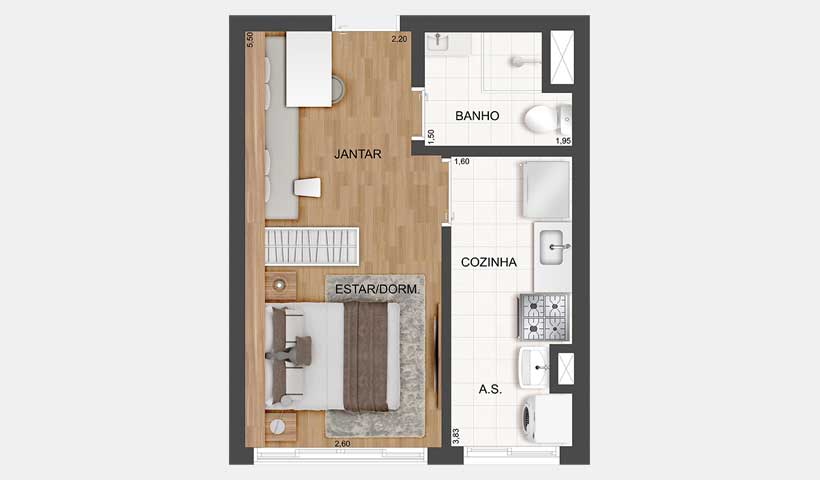 Fit Casa Rio Bonito – Planta do Studio de 27 m²