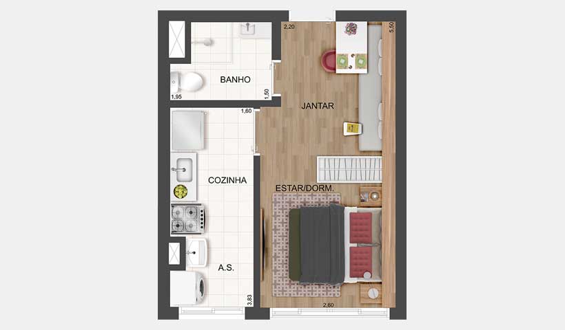 Fit Casa Rio Bonito – Planta do Studio de 27 m²